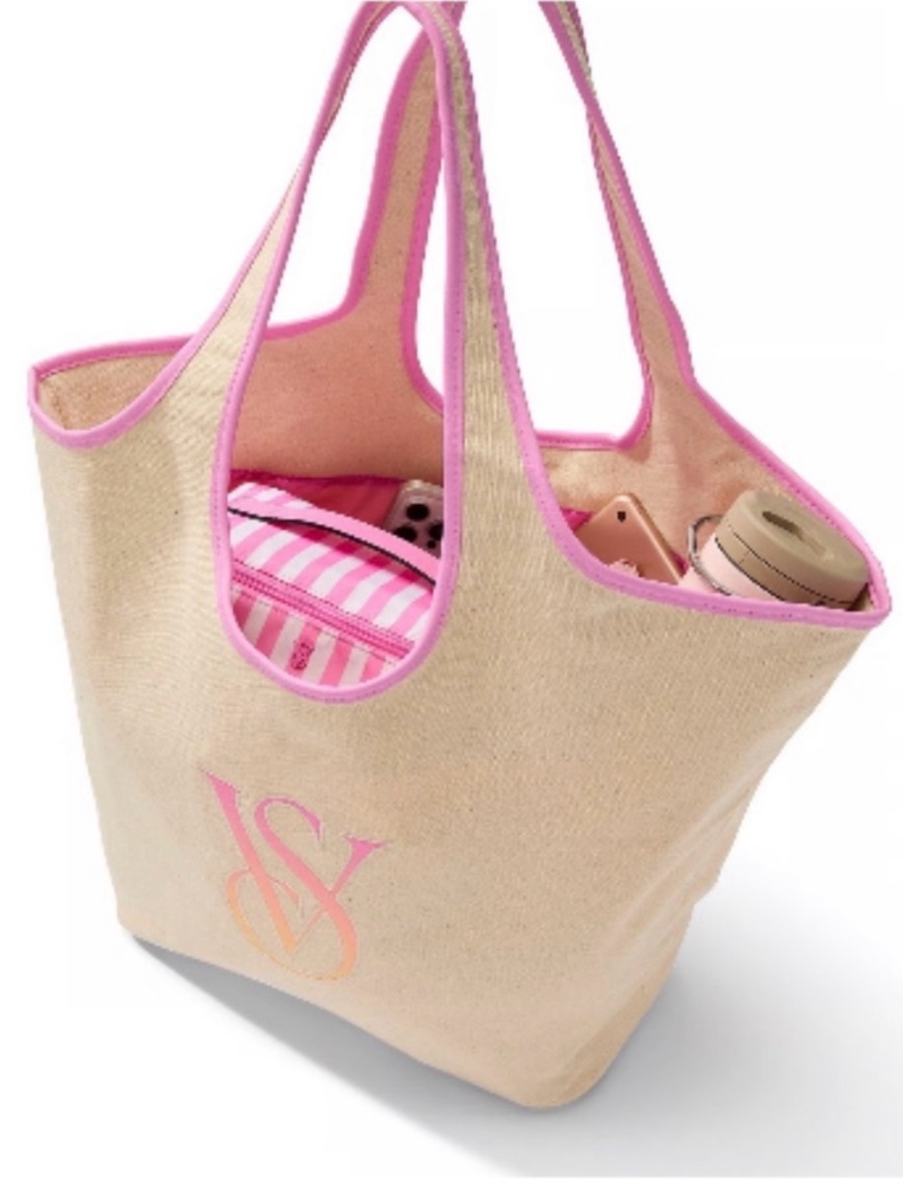 Victoria's Secret Beige Canvas Tote with Pink Trim and VS Monogram